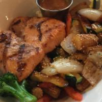 Salmon Rice Bowl · grilled salmon, served with ginger sauce on the side