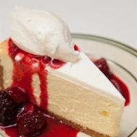 New York Cheesecake · Contains dairy, gluten and egg. With berry compote and soft whip.