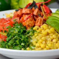 Bbq Ranch Chicken Salad · Chopped lettuce tossed with grilled corn, diced tomatoes, scallions, cilantro, Jack and ched...