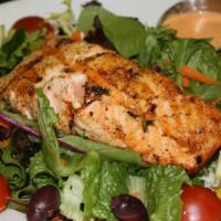 Salmon Nicoise · Claire's creations. Grilled salmon filet on mixed greens, French green beans, fingerling pot...