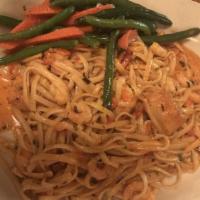 Seafood Pasta · Linguine, bay shrimp, gulf prawns and scallops in a Roma tomato, white wine, garlic, herb sa...