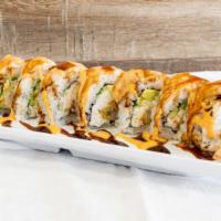 Tiger Roll · In: Avocado, shrimp tempura, crabmeat
Out: sushi shrimp
Sauce: eel, spicy mayo sauce