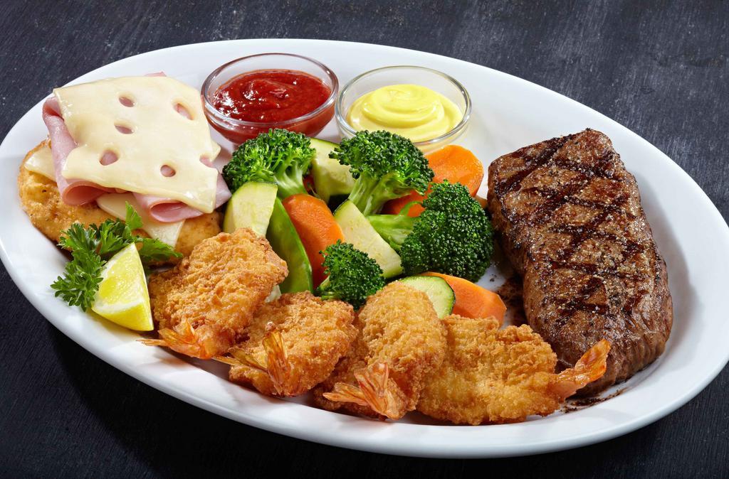 Classic Trio · 6 oz. ranch cut steak, 4 giant shrimp and our signature malibu chicken. Served with any choice of one side. 1118 cal.