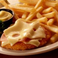 Malibu Chicken Platter · Two fried chicken breast patties with ham, melted Swiss and malibu sauce. Served with choice...