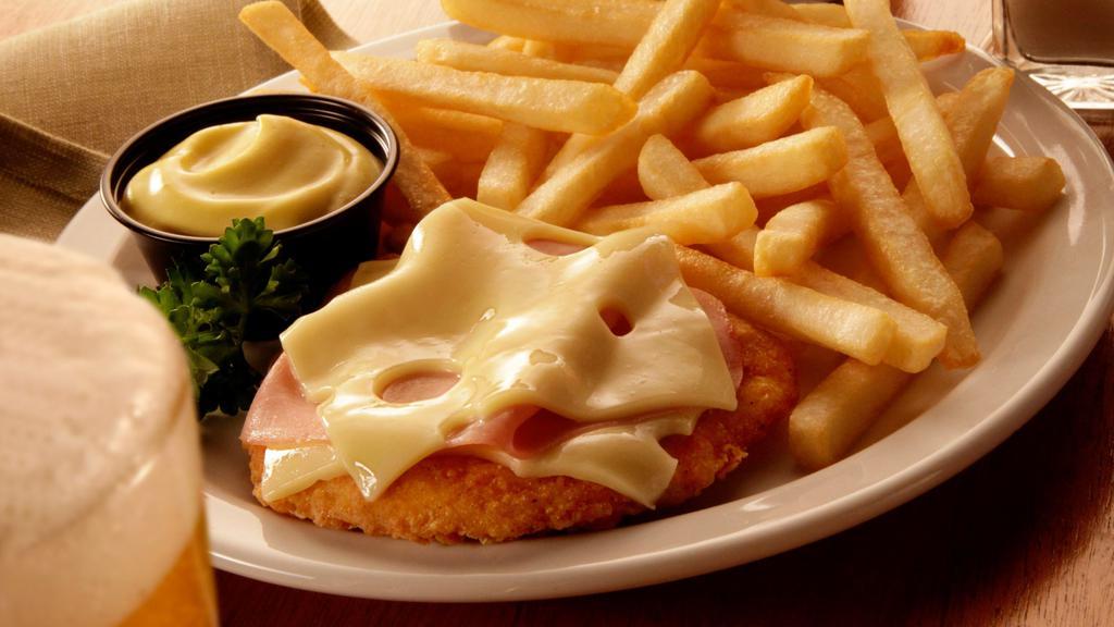 Malibu Chicken Platter · Two fried chicken breast patties with ham, melted Swiss and malibu sauce. Served with choice of any one side. 649 cal.