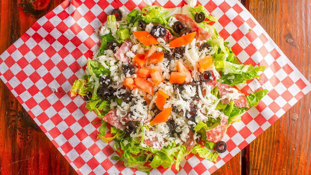Side Salad · Lettuce, olives, tomatoes, salami, California cheese blend.