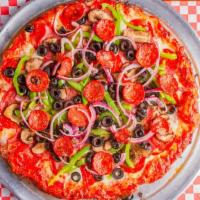Combination · Pepperoni, Salami, Canadian Bacon, Mushrooms, Olives, Bell Peppers, Onions, and Linguisa.