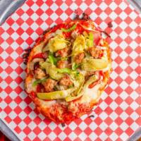 Pit Special · Olives, Onions, Mushrooms, Pepperoni, Bell Peppers, Sausage, Canadian Bacon, and Artichoke H...
