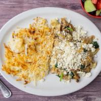 Greek Scramble · Scrambled Eggs, Spinach, Mushroom, Artichoke,  Feta, Hash Browns, English Muffin.