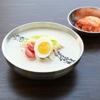 Cold Bean Noodle · 콩국수; Cold bean soup with cucumbers tomatoes and sesame seed