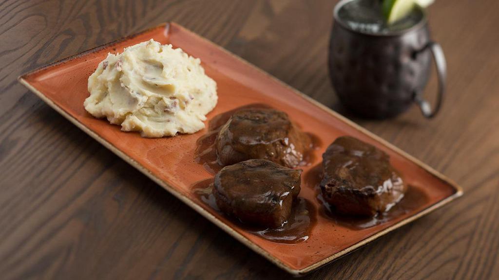 Filet Medallions · All-natural filet medallions with your choice of up to three gourmet toppings. Served with mashed potatoes and garlic seared green beans.
