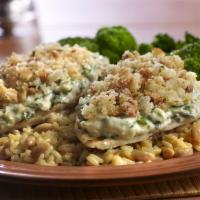 Chicken Spinach Stack · Two roasted chicken breasts lightly seasoned and covered with a rich blend of four cheeses, ...