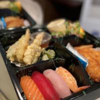 Bento Box (3 Item) · Beef teriyaki/ chicken teriyaki/ pork katsu/ fish katsu/ gyoza/ chicken katsu/ mixed tempura...