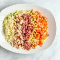 Chopped Salad · Lettuce, salami, turkey, tomato, garbanzo beans, mozzarella cheese, with balsamic vinaigrette.