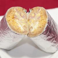 Best Breakfast Burrito · Choice of meat, scrambled eggs, cheese, potatoes and pico de gallo.