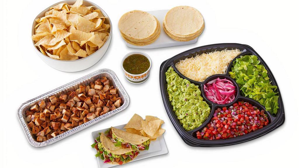 Taco Kit (Serves 10) · Build your own tacos with chicken, steak or pork and all the fixings for 10 people, including hand-crafted guacamole, pico de gallo, salsa, pickled red onions, shredded cheese, lettuce, warm tortillas and tortilla chips. Easy to serve and perfect for any occasion. Serves 10 based on 2 tacos per person. [Cal 7720 – 9640]. Maximum order number is 3. For groups larger than 10, visit our catering menu at catering.qdoba.com.