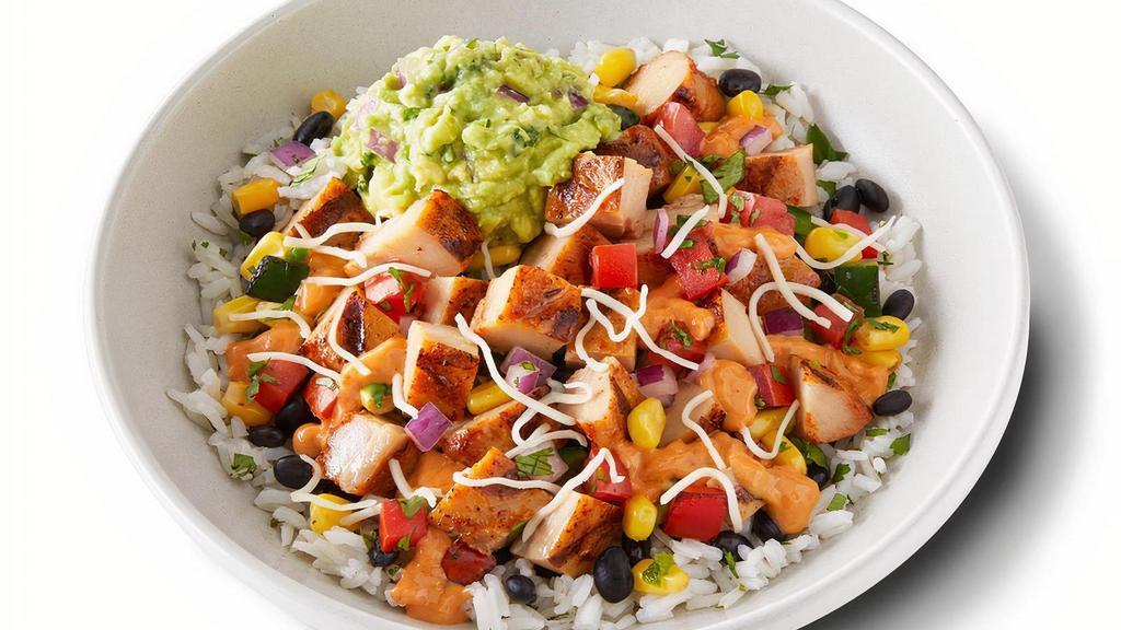 Create Your Own Bowl · Choice of protein, rice, beans, flavorful salsas, sauces, and toppings. Top it with with guac and queso at no extra cost. [Cal 310-330]