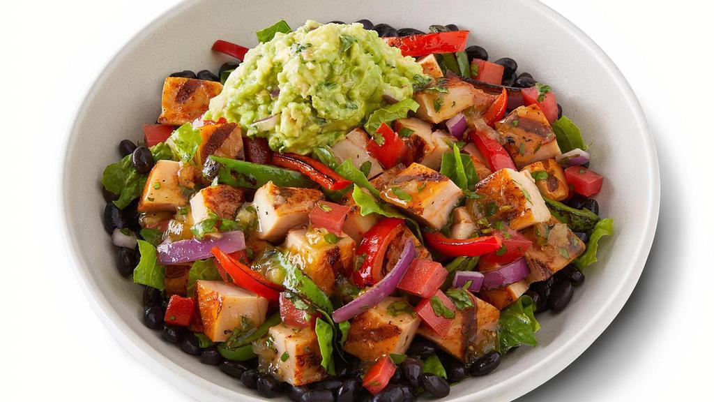 Chicken Protein Bowl · Double portion of freshly grilled adobo chicken and hand-sliced and sautéed fajita veggies, crisp lettuce, freshly made pico de gallo,  salsa verde, hand-smashed guac and black beans. [Cal 500]. For additional ingredients or substitutions, please order a Create Your Own Entree.