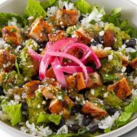 Chicken Fresca Bowl · Grilled adobo chicken,  jalapeno verde, salsa verde, pickled red onions and cotija cheese at...
