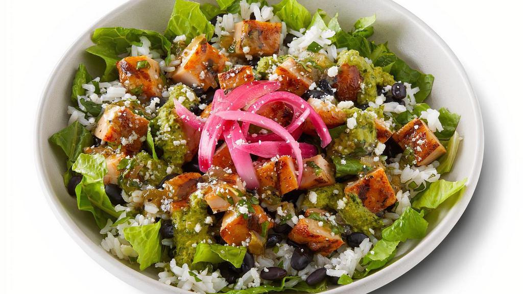 Chicken Fresca Bowl · Grilled adobo chicken,  jalapeno verde, salsa verde, pickled red onions and cotija cheese atop crisp romaine lettuce, cilantro lime rice, and black beans. [Cal 490]. For additional ingredients or substitutions, please order a Create Your Own Entree.