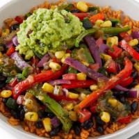 Fajita Vegan Bowl · Hand-sliced and sautéed fajita veggies with hand-craftd guacamole, freshly made pico de gall...