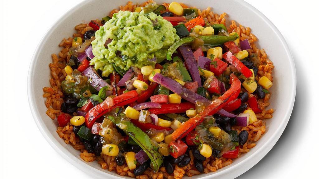 Fajita Vegan Bowl · Hand-sliced and sautéed fajita veggies with hand-craftd guacamole, freshly made pico de gallo, chile corn salsa, salsa verde, black beans, and seasoned brown rice. Vegan. [Cal 530]. For additional ingredients or substitutions, please order a Create Your Own Entree.