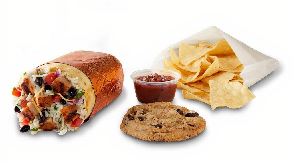 Burrito Meal Deal · Our Meal Deals are easy and flavorful. Each meal includes a burrito with your choice of protein, rice & beans, pico de gallo and cheese, served with  freshly made tortilla chips and salsa, and a sweet treat. Great for individuals or small groups. [Cal 940-1350]