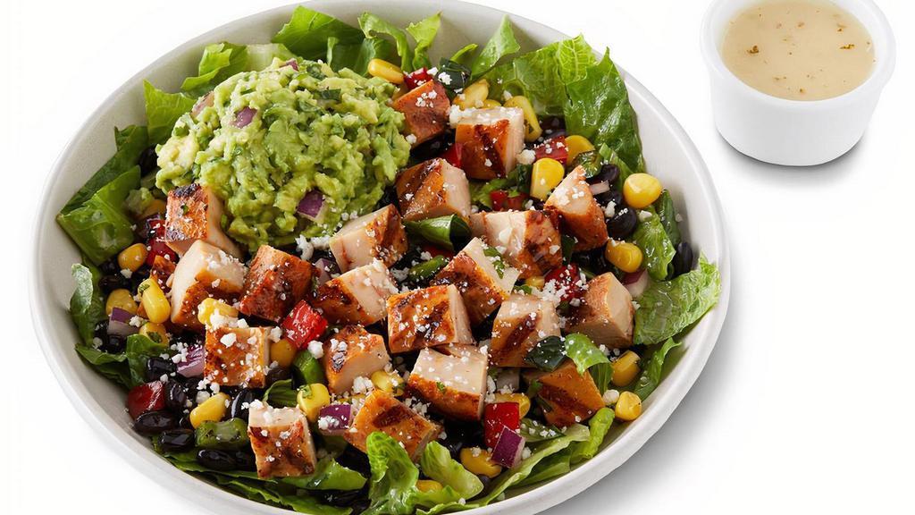 Create Your Own Salad · Choice of protein, flavorful salsas, toppings and a signature dressing served on fresh romaine lettuce. Top it with with guac and queso at no extra cost. [Cal 110-500]