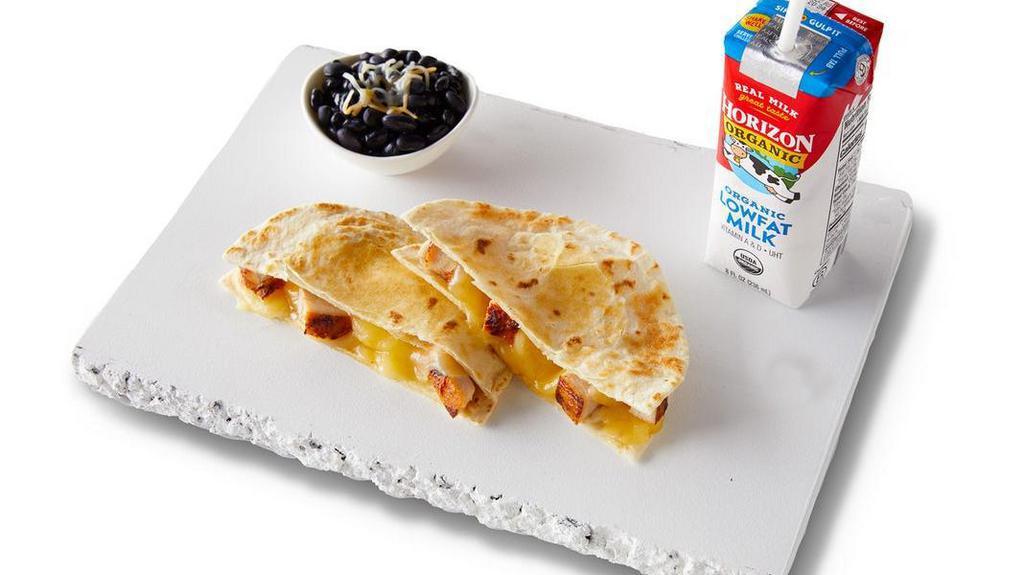 Quesadilla Kids Meal · Kids-sized quesadilla with choice of protein and toppings, plus a side of applesauce, beans, or tortilla chips, and a drink.  [Cal 360-490]
