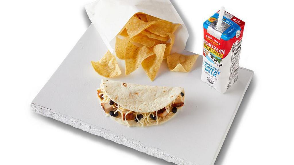 Taco Kids Meal · Kids-sized quesadilla with choice of protein and toppings, plus a side of applesauce, beans, or tortilla chips, and a drink. [Cal 360-500]