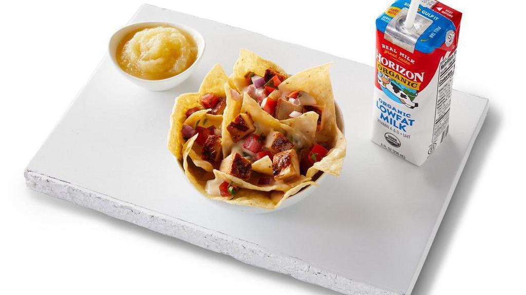 3-Cheese Nachos Kids Meal · Kids-sized nachos with choice of protein and toppings, plus a side of applesauce, beans, or tortilla chips, and a drink. [Cal 370-500]