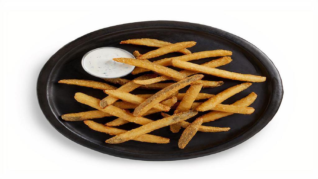 Pickle Breaded Spicy Fries · Crispy, tangy thin-cut dill pickle fries lightly coated in a premium cornmeal and spicy mustard batter. Perfect for adventurous, heat-seeking guests