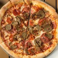 Gotti Pizza · Red sauce, mozzarella cheese, pepperoni, salami, sausage, bacon and meatball.