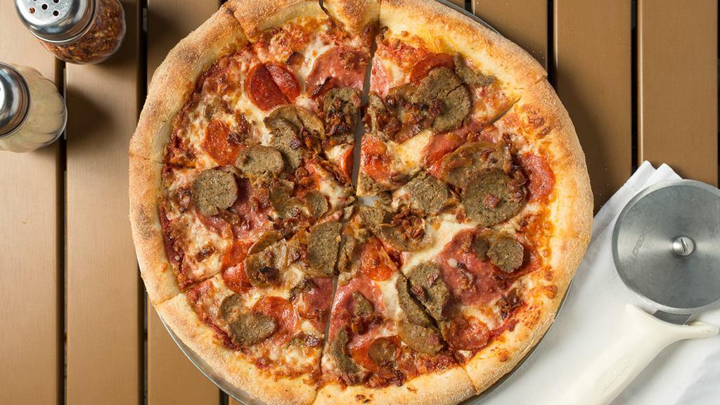 Gotti Pizza · Red sauce, mozzarella cheese, pepperoni, salami, sausage, bacon and meatball.