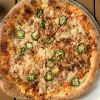 Snowden Pizza · Red sauce, mozzarella cheese, pineapple, smoked pork, bacon and freshly sliced jalapenos.