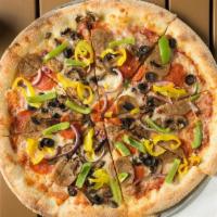Pistone Pizza · Red sauce, mozzarella cheese, pepperoni, sausage, mushroom, onion, black olives, green peppe...