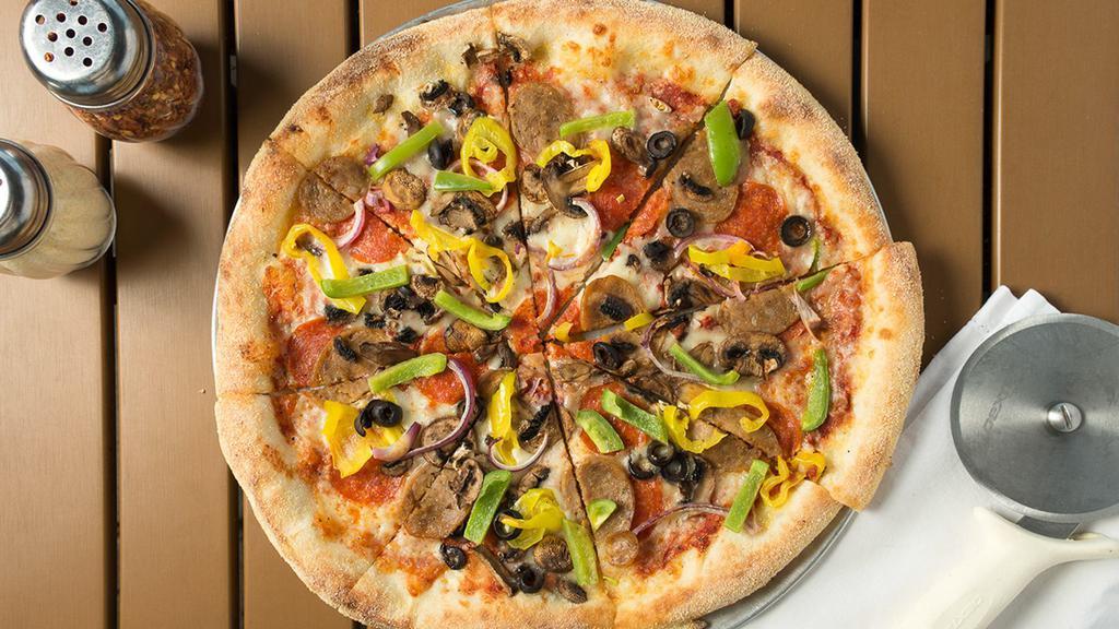 Pistone Pizza · Red sauce, mozzarella cheese, pepperoni, sausage, mushroom, onion, black olives, green peppers and banana peppers.