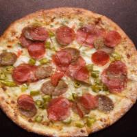 Ames Pizza · Hot giardiniera base, mozzarella cheese, pepperoni, sausage and salami.