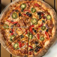 Pitts Pizza · Red sauce, mozzarella and cheddar cheese, chorizo, marinated roasted red peppers, red onion,...