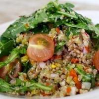 Grain Chicken Salad · Grilled chicken breast, farro, quinoa, fire-roasted corn, arugula, cherry tomato, radish, an...