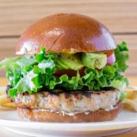 Turkey Burger · Char-grilled house-ground turkey with avocado, butter lettuce, tomato, grilled red onion, ro...