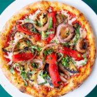 2 Grilled Veggie Pizzas · Vegetarian. Grilled zucchini, eggplant, bell pepper, red onion, roasted garlic, fresh basil,...