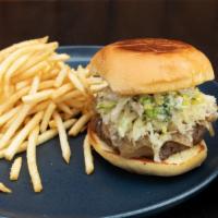 Stone Street Burger · Served with house greens or fries. Provolone cheese, caramelized onion, garlic aioli, lettuc...