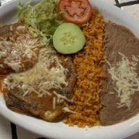 Chile Rellenos · Chile rellenos with a side of rice and beans
Options: flour or corn tortillas