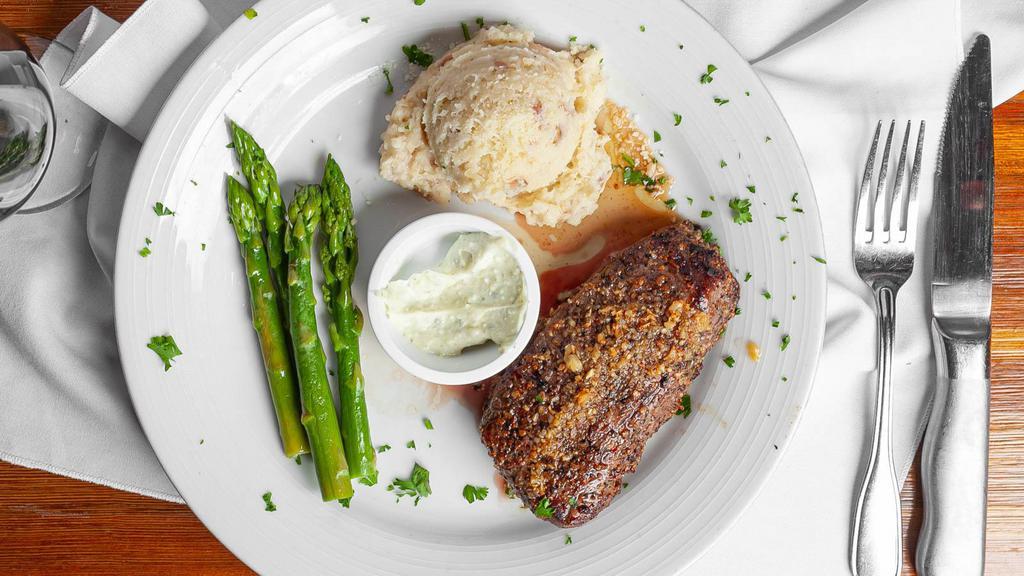 Frugatti’S Cut Sirloin · Our tender and juicy 10 oz. Certified Angus Beef® sirloin baked to your preference in our wood-fired oven. Served with garlic mashed potatoes, asparagus and your choice of soup or salad.