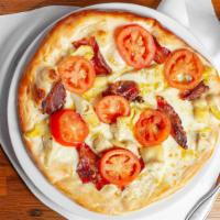 Applewood Smoked Bacon, Artichoke & Roma Tomato Pizza · Seasoned olive oil, Mozzarella cheese, Applewood smoked bacon, tomatoes, artichoke hearts, g...