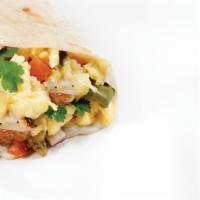 Breakfast Burrito · A loaded breakfast burrito with tomatoes, onions, bell peppers, cilantro, a protein and melt...