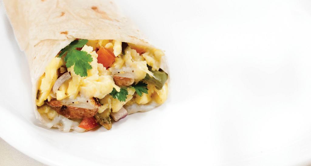 Breakfast Burrito · A loaded breakfast burrito with tomatoes, onions, bell peppers, cilantro, a protein and melted Mozzarella cheese.