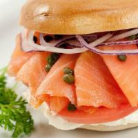 Bagel And Lox Breakfast · Wild caught smoked salmon with cream cheese, capers, tomatoes and onions. Served on bagels b...