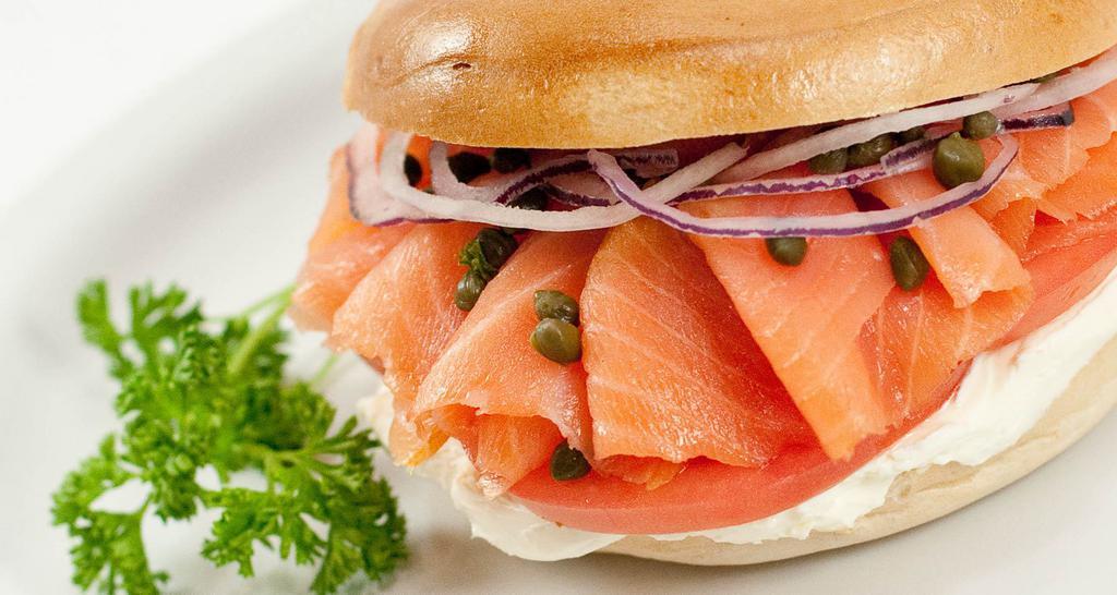 Bagel And Lox Breakfast · Wild caught smoked salmon with cream cheese, capers, tomatoes and onions. Served on bagels baked by Brooklyn bagels of Los Angeles.